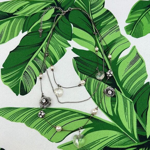 Betsey Johnson Silver Hearts Roses Pearls Multi Strand Necklace - Picture 1 of 11